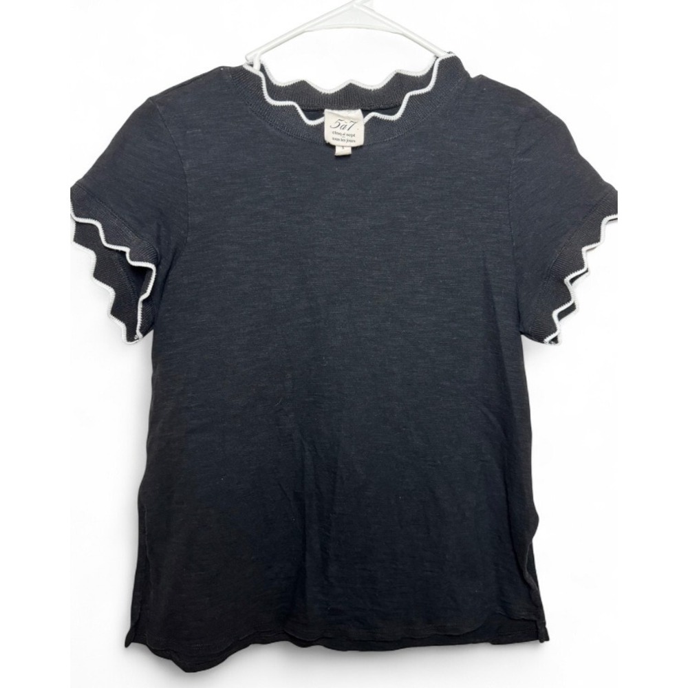 Cinq a Sept Tous Les Jours Scalloped Trim Cotton Tee Black Grey Womens Small